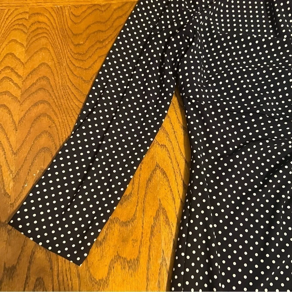 NEW Ralph Lauren Faux Wrap Ruched Jersey Knit Polka Dot Midi Dress in Navy Sz 6